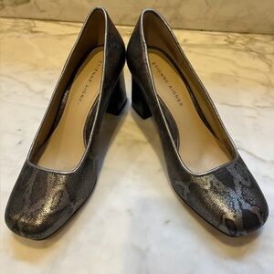 Etienne Aigner "Dylan" square toe metallic pumps with block heels - size 7
